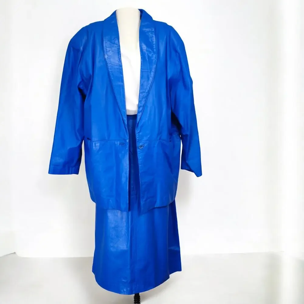 80s Retro Blue Leather Blazer Jacket Vintage Size L - Picture 3 of 16